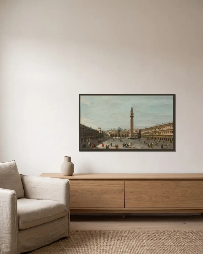 Piazzan i Venedig, vy mot öster av Francesco Guardi inramad på en vägg