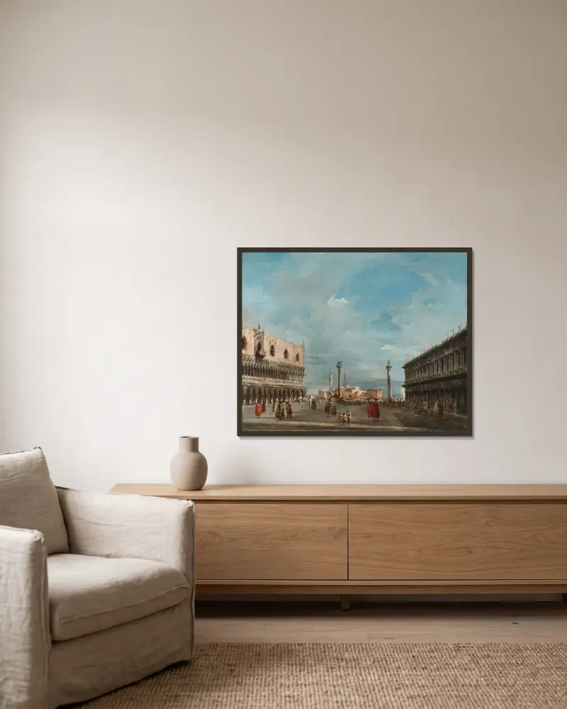 Piazzettan i Venedig mot San Giorgio Maggiore av Francesco Guardi inramad på en vägg