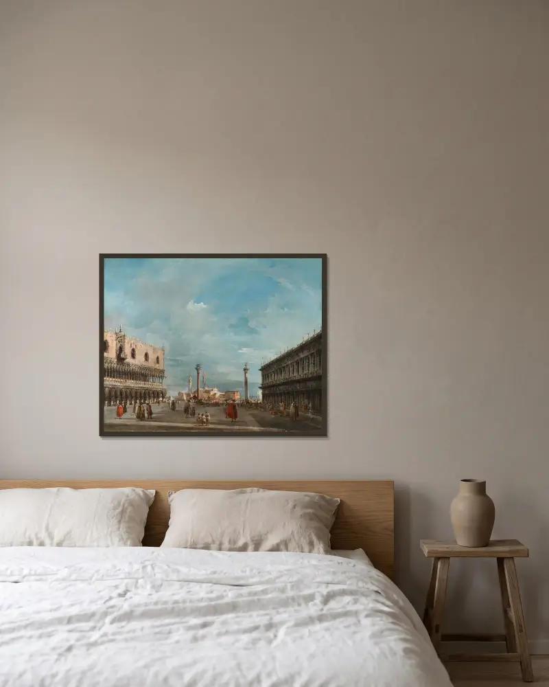 Piazzettan i Venedig mot San Giorgio Maggiore av Francesco Guardi inramad på en vägg