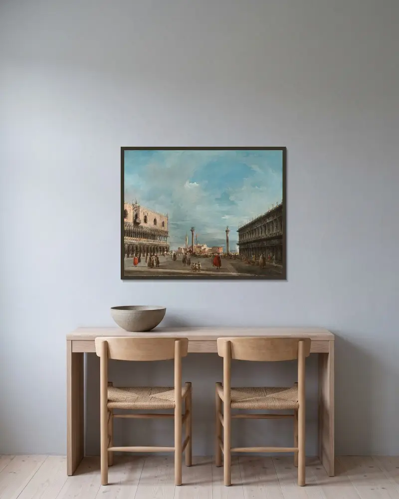 Piazzettan i Venedig mot San Giorgio Maggiore av Francesco Guardi inramad på en vägg