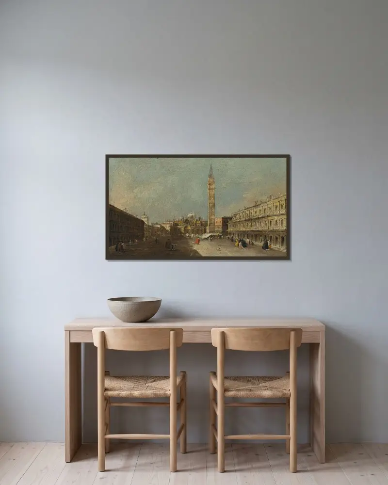 Venedig, vy över Markusplatsen mot basilikan av Francesco Guardi inramad på en vägg