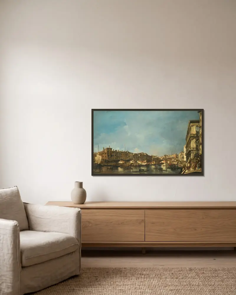 Venedig, utsikt över Rialtobron, mot norr, från Fondamenta del Carbon av Francesco Guardi inramad på en vägg