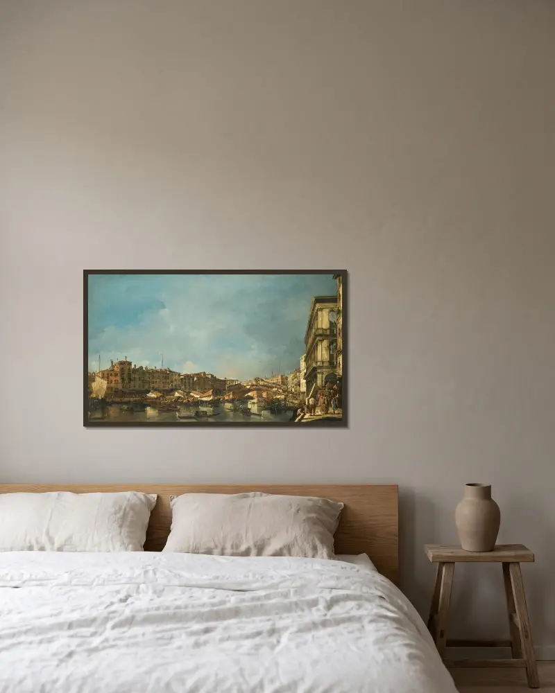 Venedig, utsikt över Rialtobron, mot norr, från Fondamenta del Carbon av Francesco Guardi inramad på en vägg