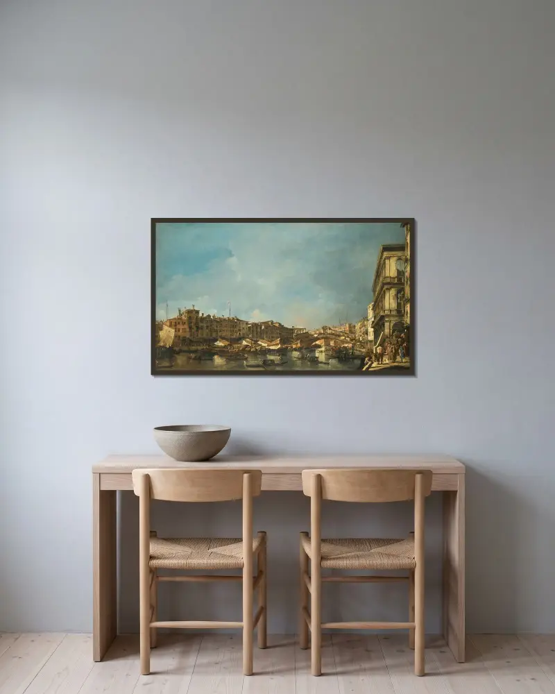 Venedig, utsikt över Rialtobron, mot norr, från Fondamenta del Carbon av Francesco Guardi inramad på en vägg