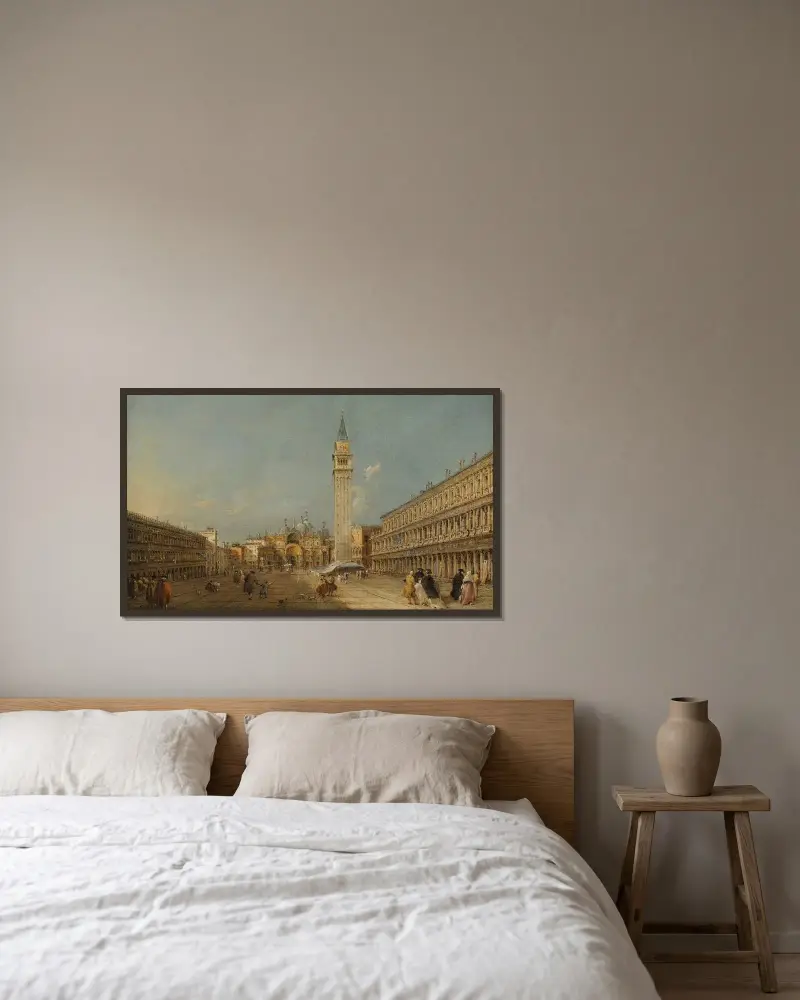 Venedig, Markusplatsen med basilikan och kampanilen av Francesco Guardi inramad på en vägg
