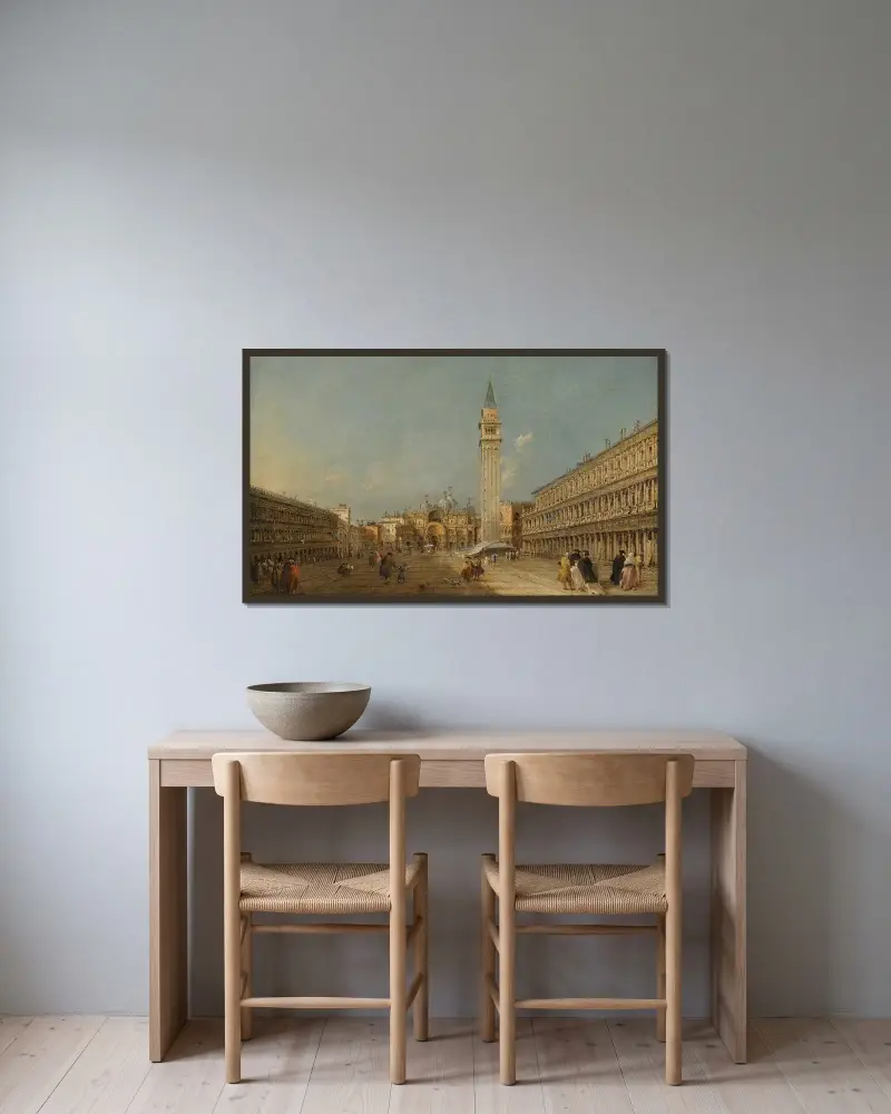 Venedig, Markusplatsen med basilikan och kampanilen av Francesco Guardi inramad på en vägg