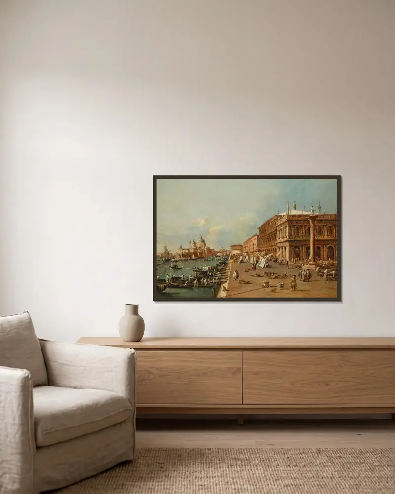 Venedig; Molo mit Libreria, Punta della Dogana und Santa Maria della Salute von Francesco Guardi gerahmt an einer Wand