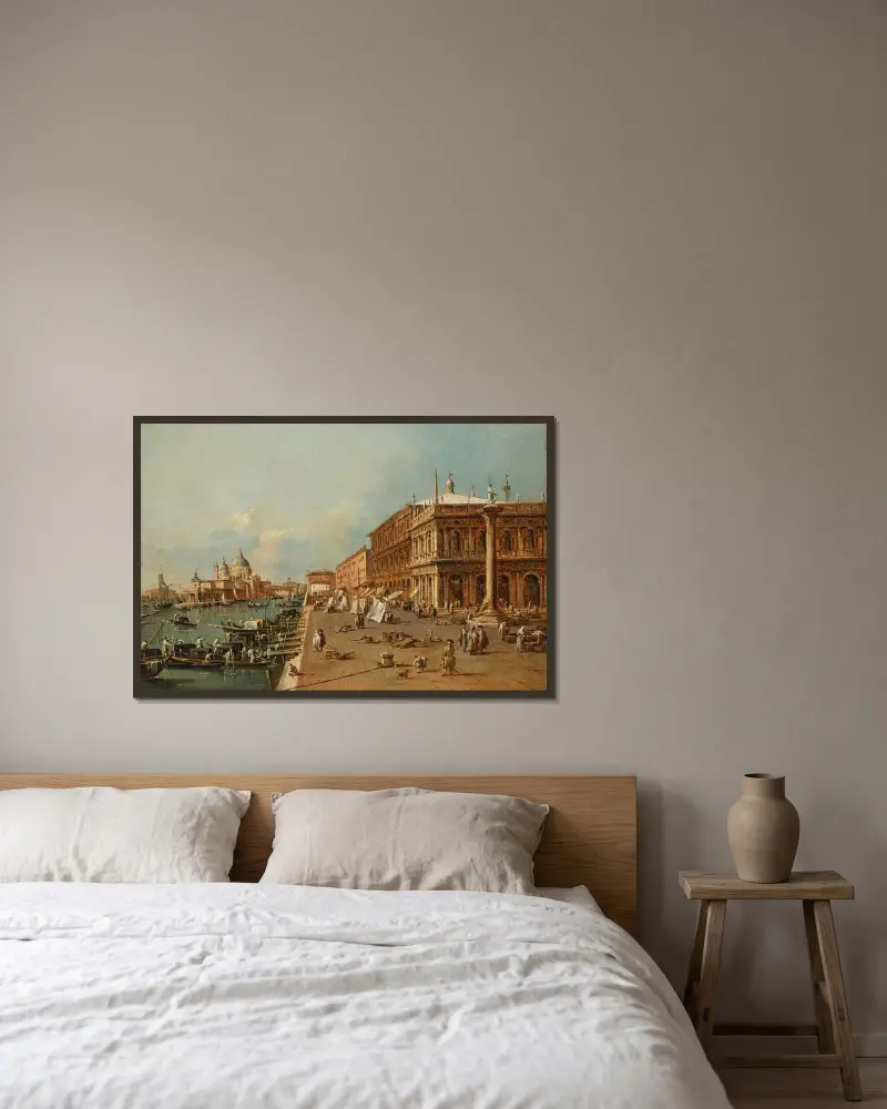 Venedig; Molo mit Libreria, Punta della Dogana und Santa Maria della Salute von Francesco Guardi gerahmt an einer Wand