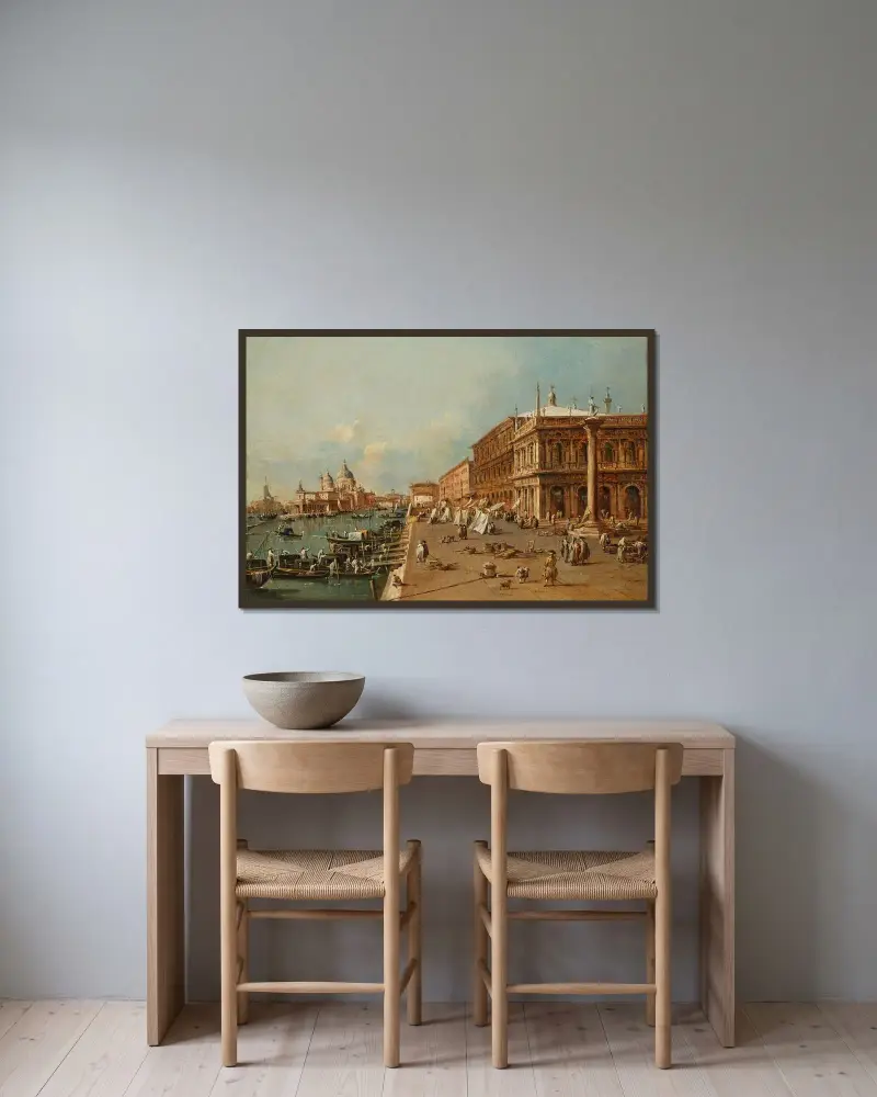 Venedig; Molo mit Libreria, Punta della Dogana und Santa Maria della Salute von Francesco Guardi gerahmt an einer Wand