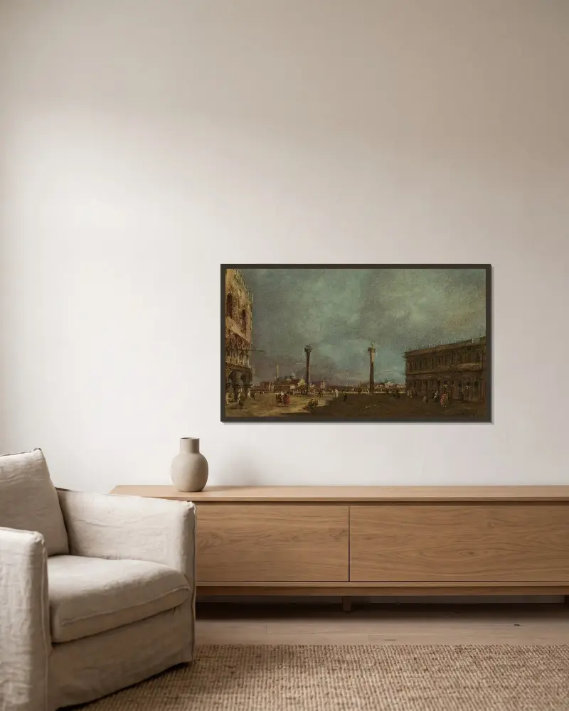 Venice, the Piazzetta looking south, with a view of the Doge’s Palace and the Biblioteca Marciana, the island of San Giorgio Maggiore beyond av Francesco Guardi inramad på en vägg