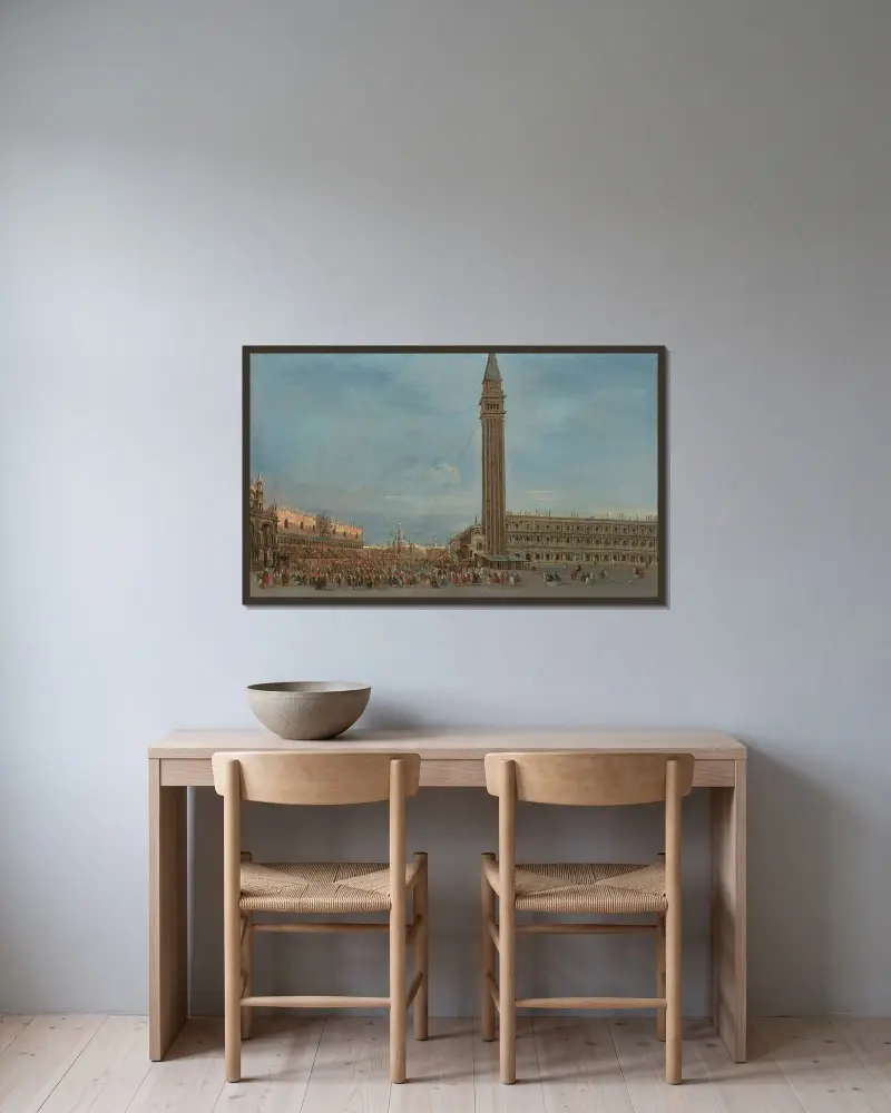 Venedig, Piazzetta San Marco mit dem Fest des Giovedì Grasso von Francesco Guardi gerahmt an einer Wand