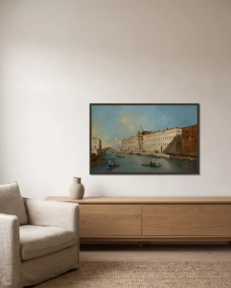 Venedig, kanalen Rio dei Mendicanti mot norr med kyrkan San Lazzaro dei Mendicanti av Francesco Guardi inramad på en vägg