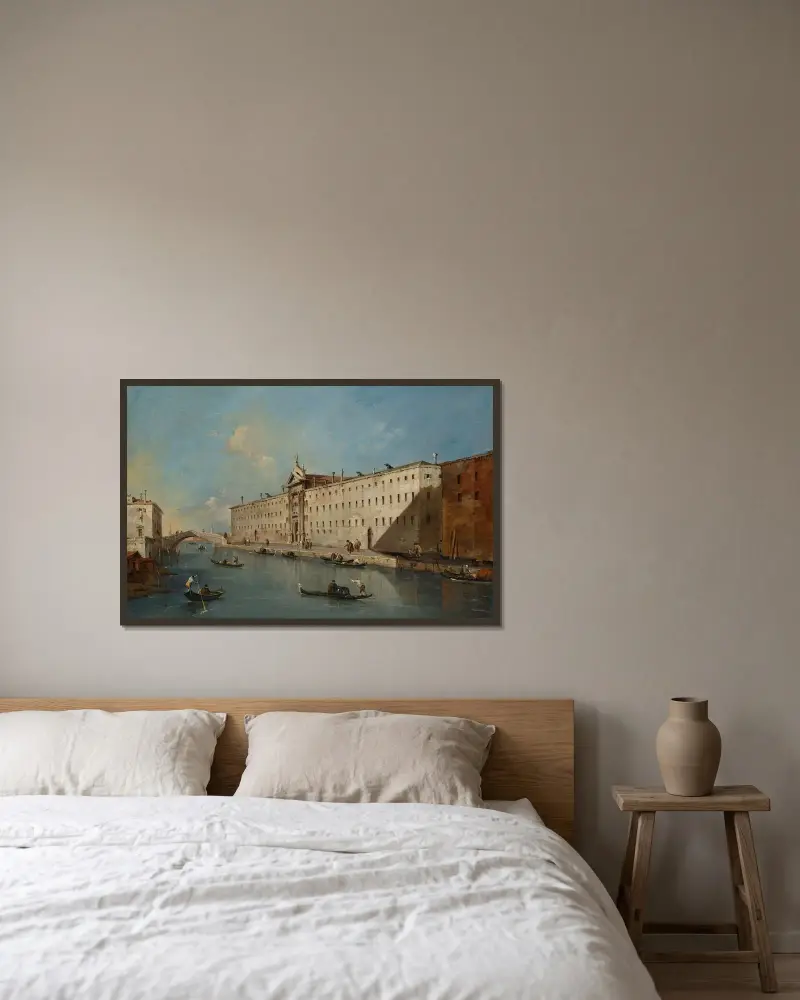 Venedig, kanalen Rio dei Mendicanti mot norr med kyrkan San Lazzaro dei Mendicanti av Francesco Guardi inramad på en vägg