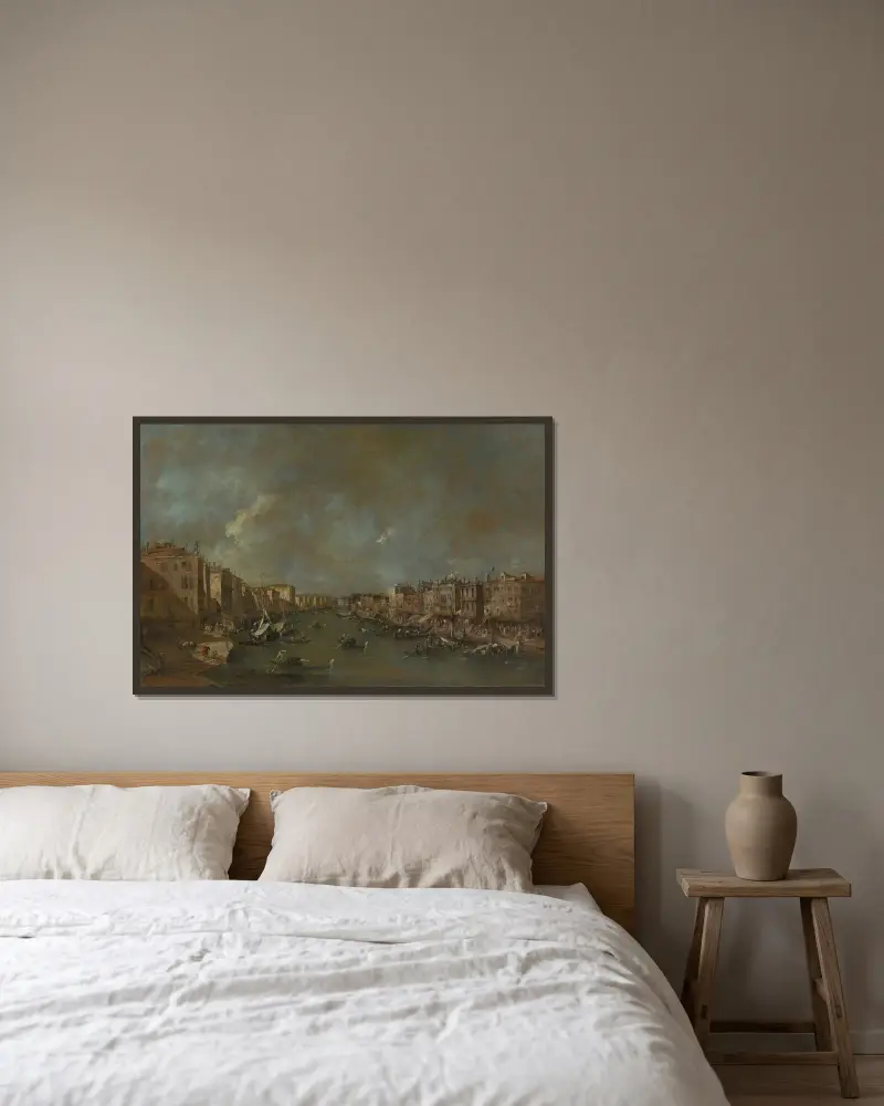 Utsikt över Canal Grande från Ponte di Rialto av Francesco Guardi inramad på en vägg