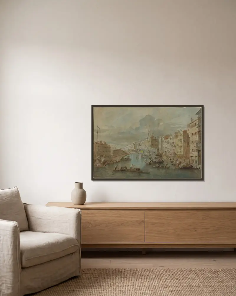 Utsikt mot Rialtobron, Venedig av Francesco Guardi inramad på en vägg