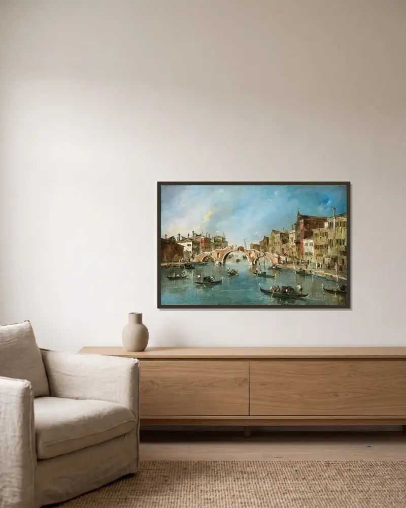 Utsikt över Cannaregiokanalen, Venedig av Francesco Guardi inramad på en vägg