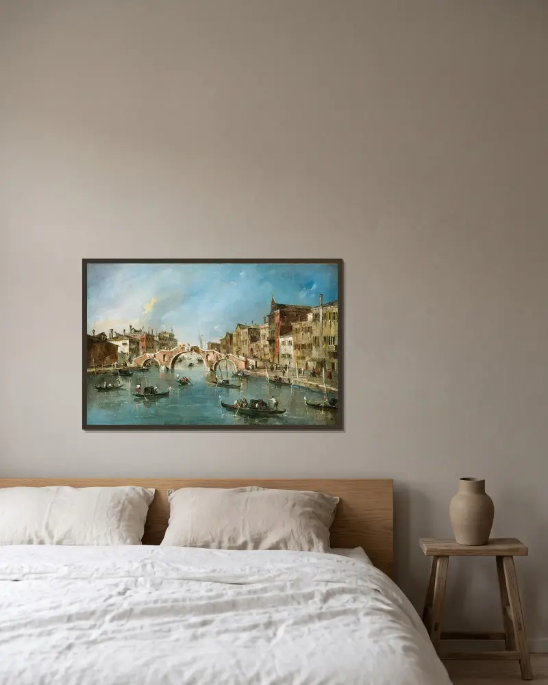 Utsikt över Cannaregiokanalen, Venedig av Francesco Guardi inramad på en vägg