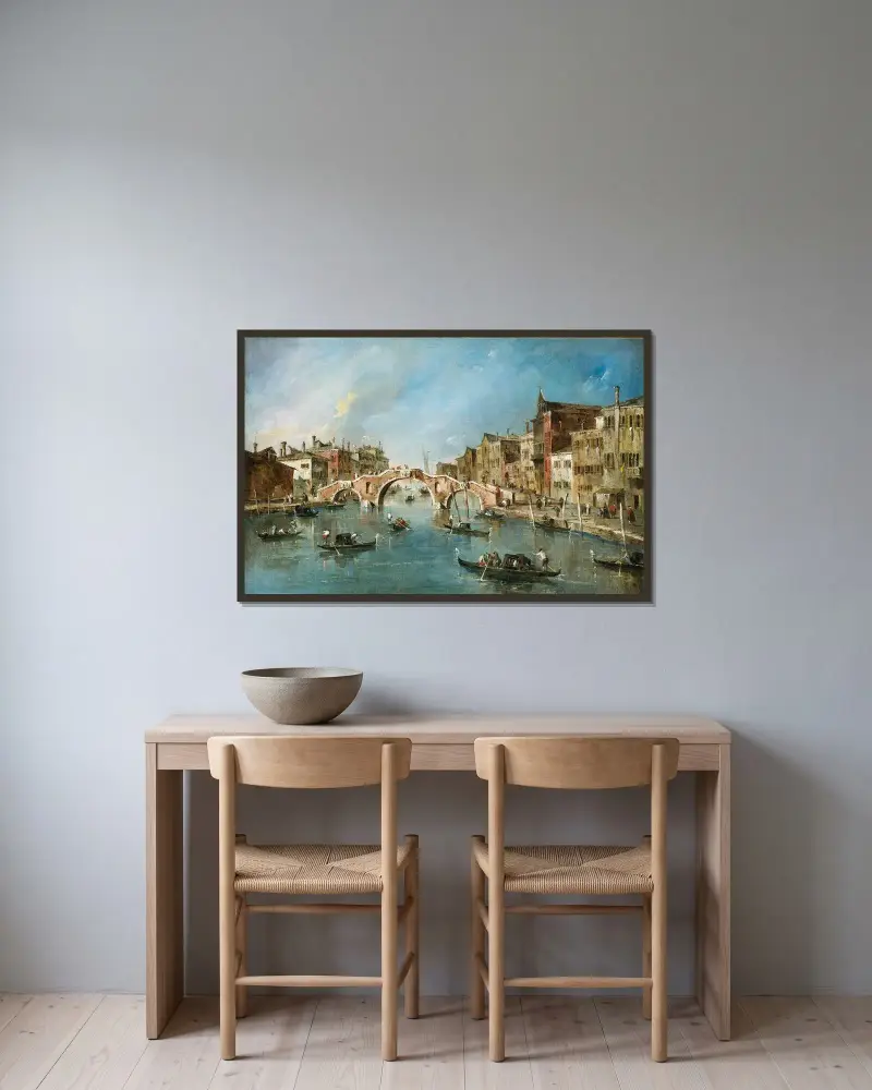 Utsikt över Cannaregiokanalen, Venedig av Francesco Guardi inramad på en vägg