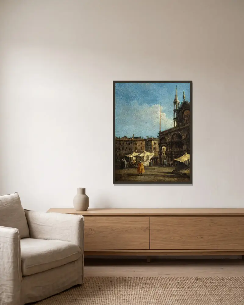 Utsikt över Markusplatsen i Venedig av Francesco Guardi inramad på en vägg