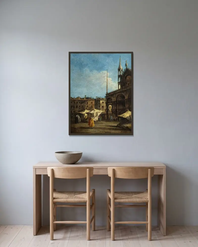 Utsikt över Markusplatsen i Venedig av Francesco Guardi inramad på en vägg