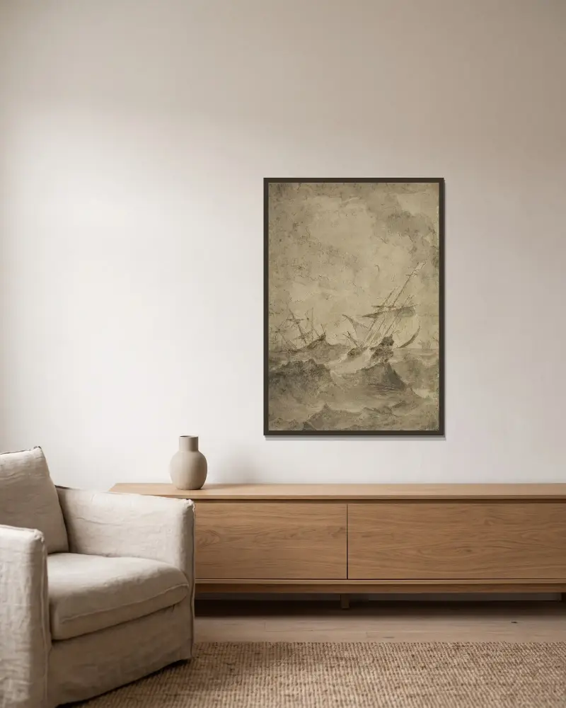 Två segelbåtar på stormigt hav av Francesco Guardi inramad på en vägg