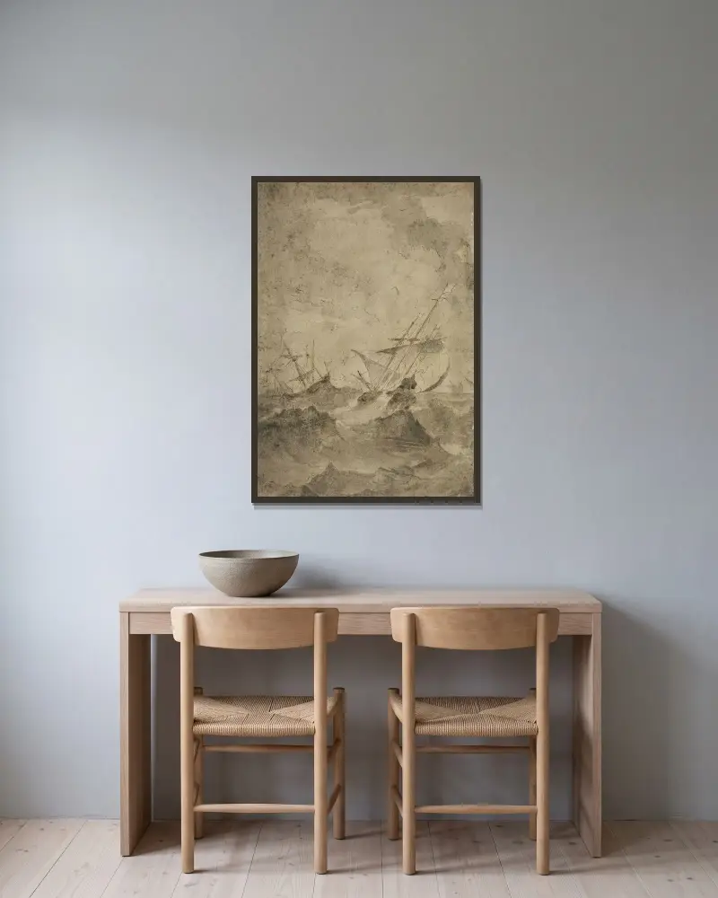 Två segelbåtar på stormigt hav av Francesco Guardi inramad på en vägg
