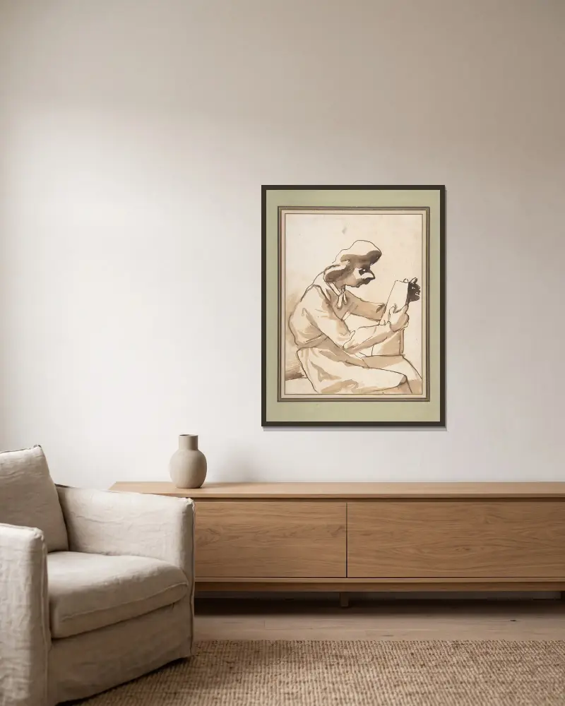 Caricature of a Seated Man Reading av Pier Francesco Mola inramad på en vägg
