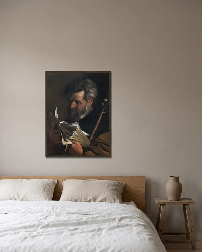 Saint Joseph Reading A Book And Holding A Flowering Staff av Pier Francesco Mola inramad på en vägg