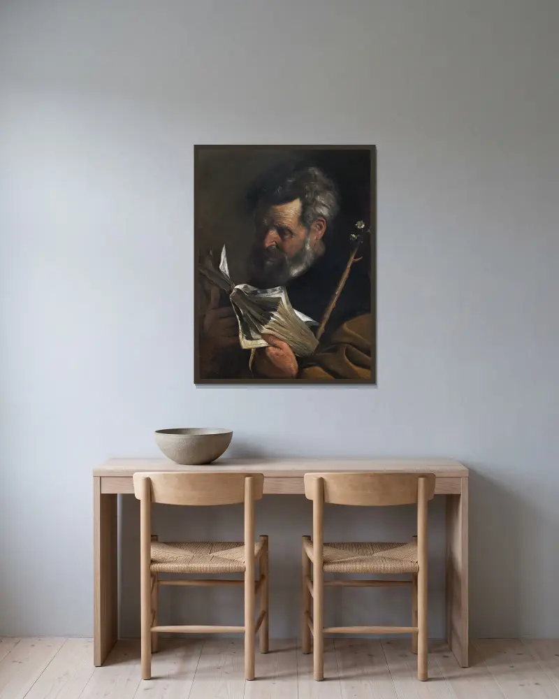 Saint Joseph Reading A Book And Holding A Flowering Staff av Pier Francesco Mola inramad på en vägg
