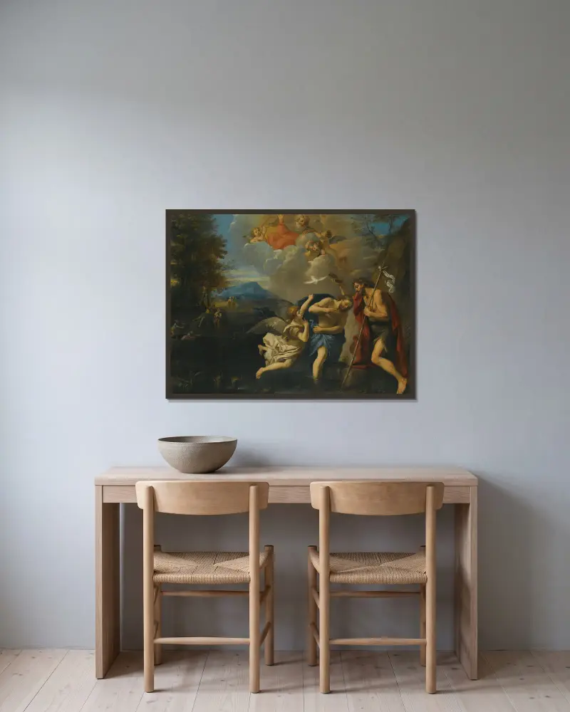 The Baptism Of Christ – nr 2 av Pier Francesco Mola inramad på en vägg