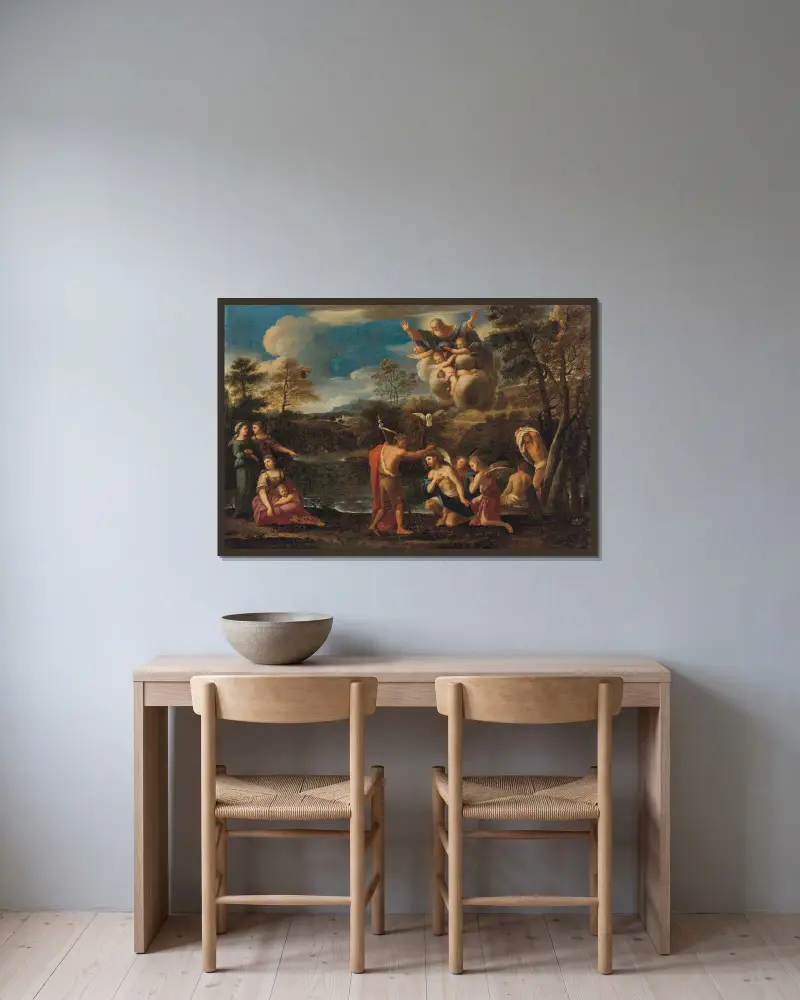 The Baptism Of Christ – nr 1 av Pier Francesco Mola inramad på en vägg
