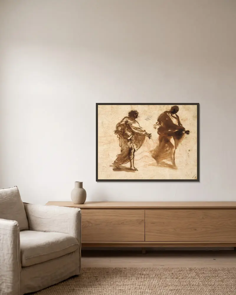 Two Studies for the Figure of Joseph av Pier Francesco Mola inramad på en vägg