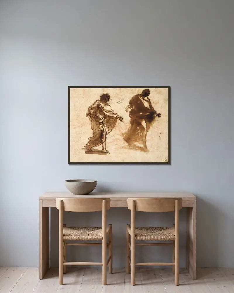 Two Studies for the Figure of Joseph av Pier Francesco Mola inramad på en vägg
