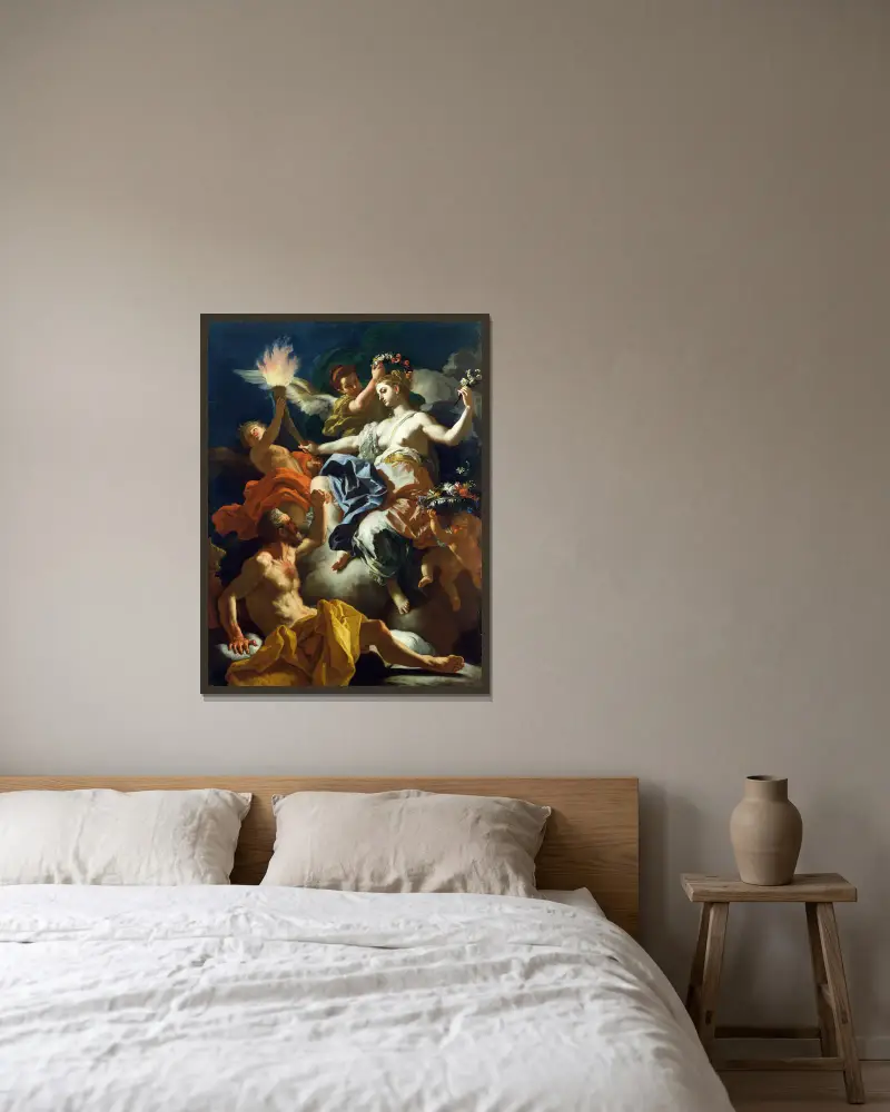 Aurora Taking Leave of Tithonus av Francesco Solimena inramad på en vägg