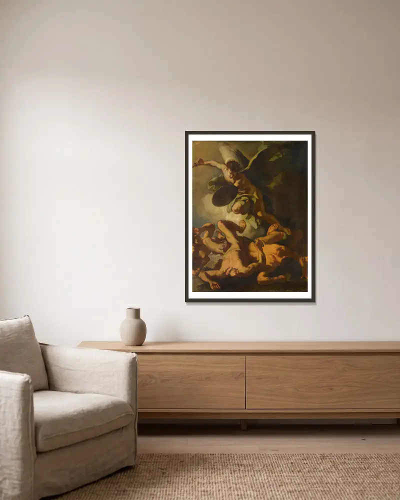 Saint Michael expelling the Rebel Angels av Francesco Solimena inramad på en vägg