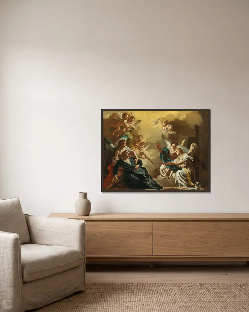 Saint Philip Neri receiving the Holy Spirit in the Catacombs of Saint Sebastian av Francesco Solimena inramad på en vägg