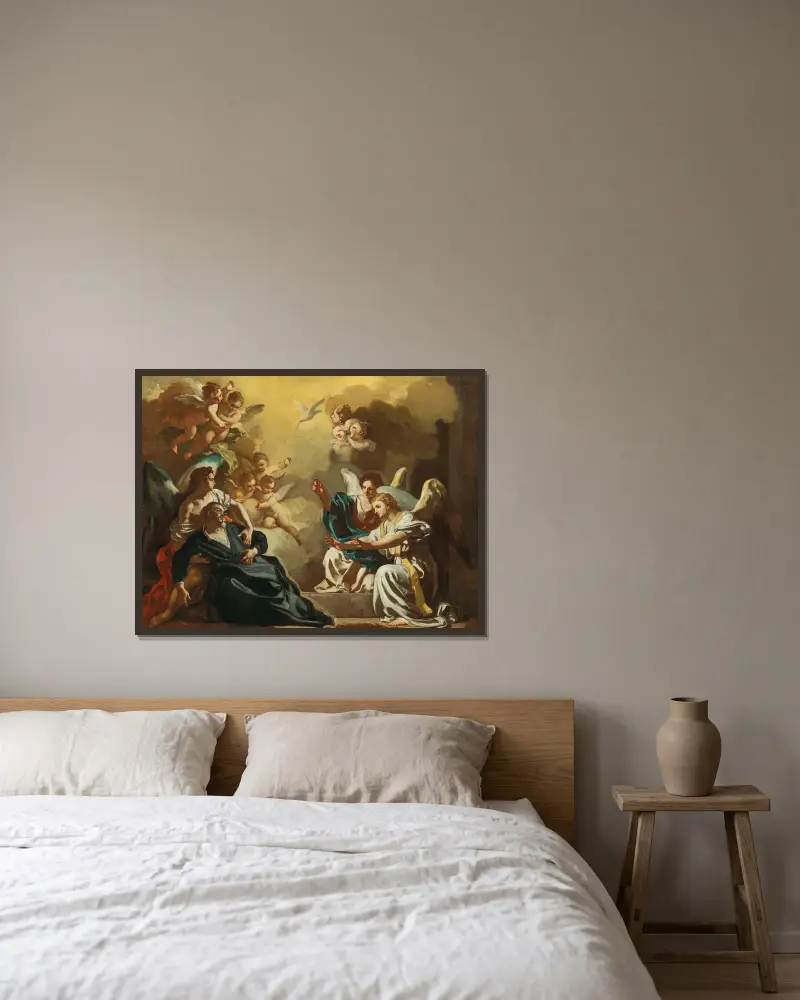Saint Philip Neri receiving the Holy Spirit in the Catacombs of Saint Sebastian av Francesco Solimena inramad på en vägg