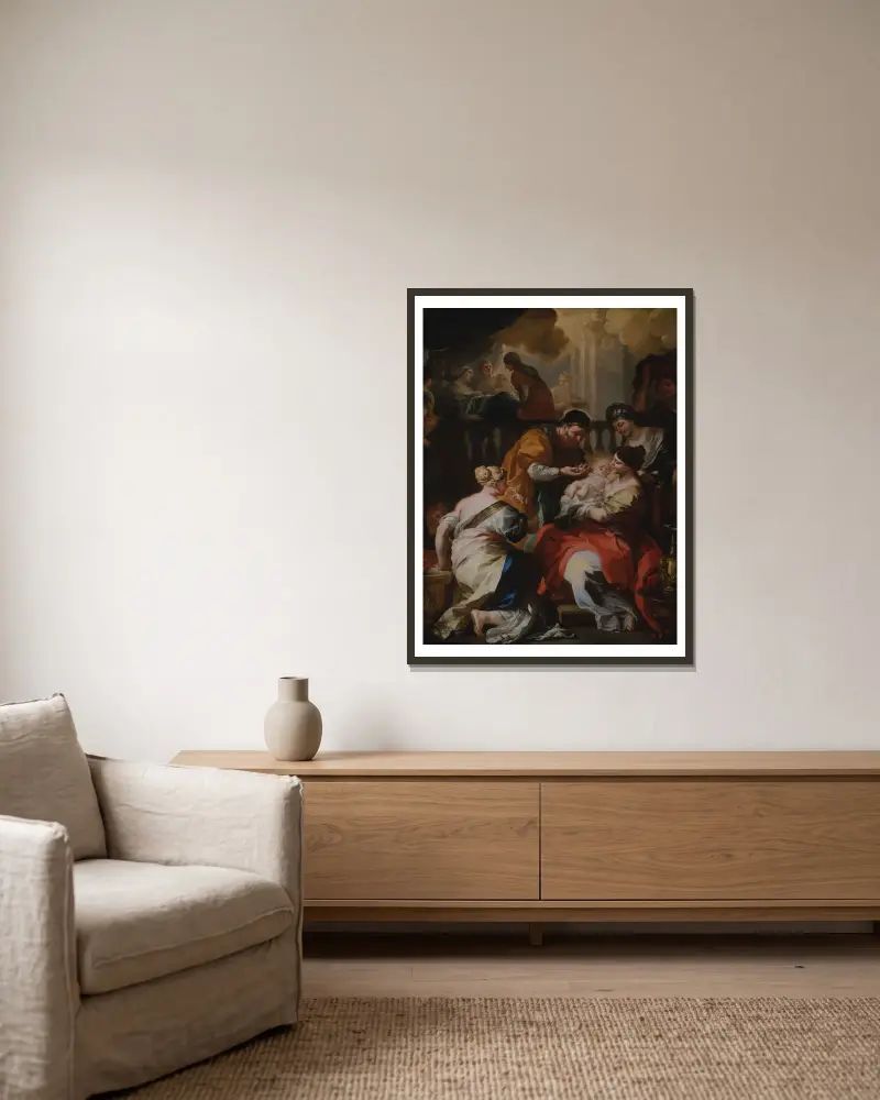 The Birth of the Virgin av Francesco Solimena inramad på en vägg