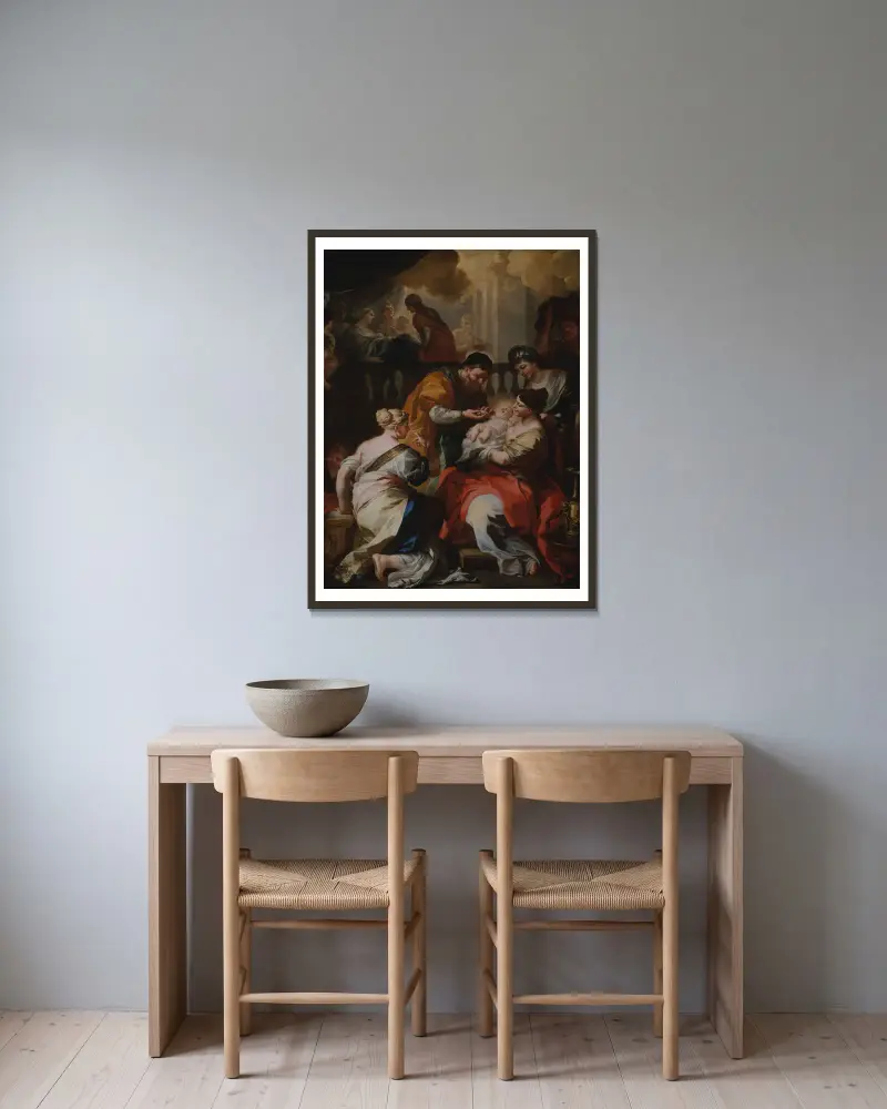 The Birth of the Virgin av Francesco Solimena inramad på en vägg
