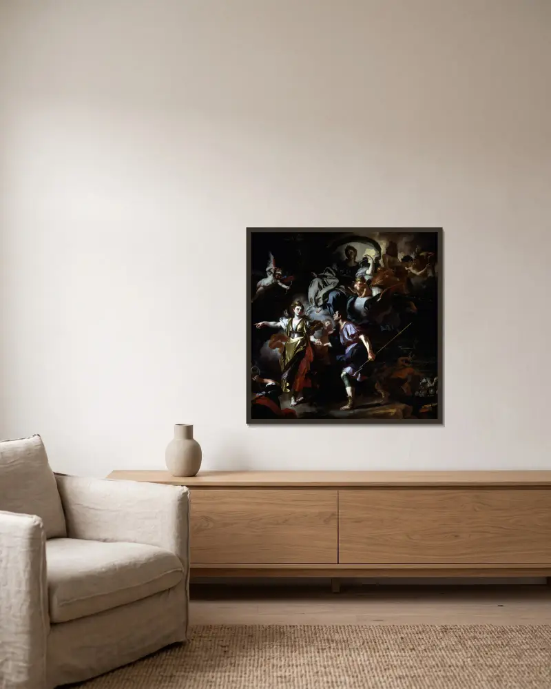 The Royal Hunt of Dido and Aeneas av Francesco Solimena inramad på en vägg