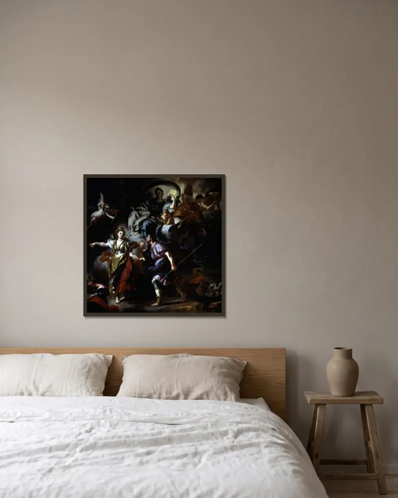 The Royal Hunt of Dido and Aeneas av Francesco Solimena inramad på en vägg