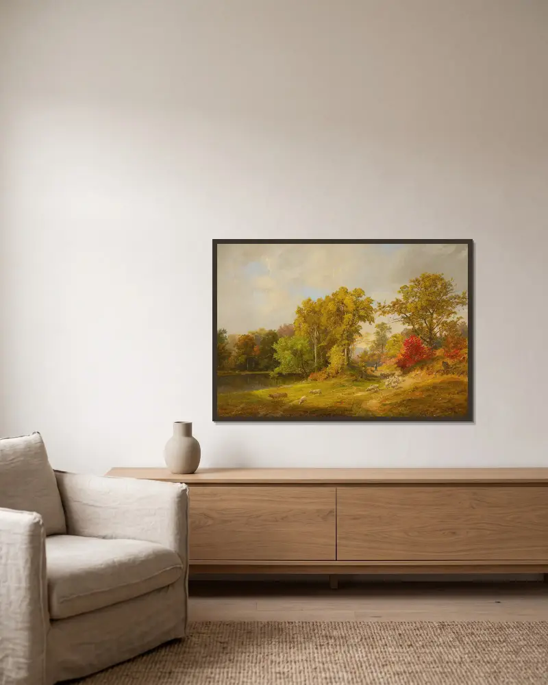 Autumn Landscape With Shepherd, Dog And Sheep av Jasper Francis Cropsey inramad på en vägg