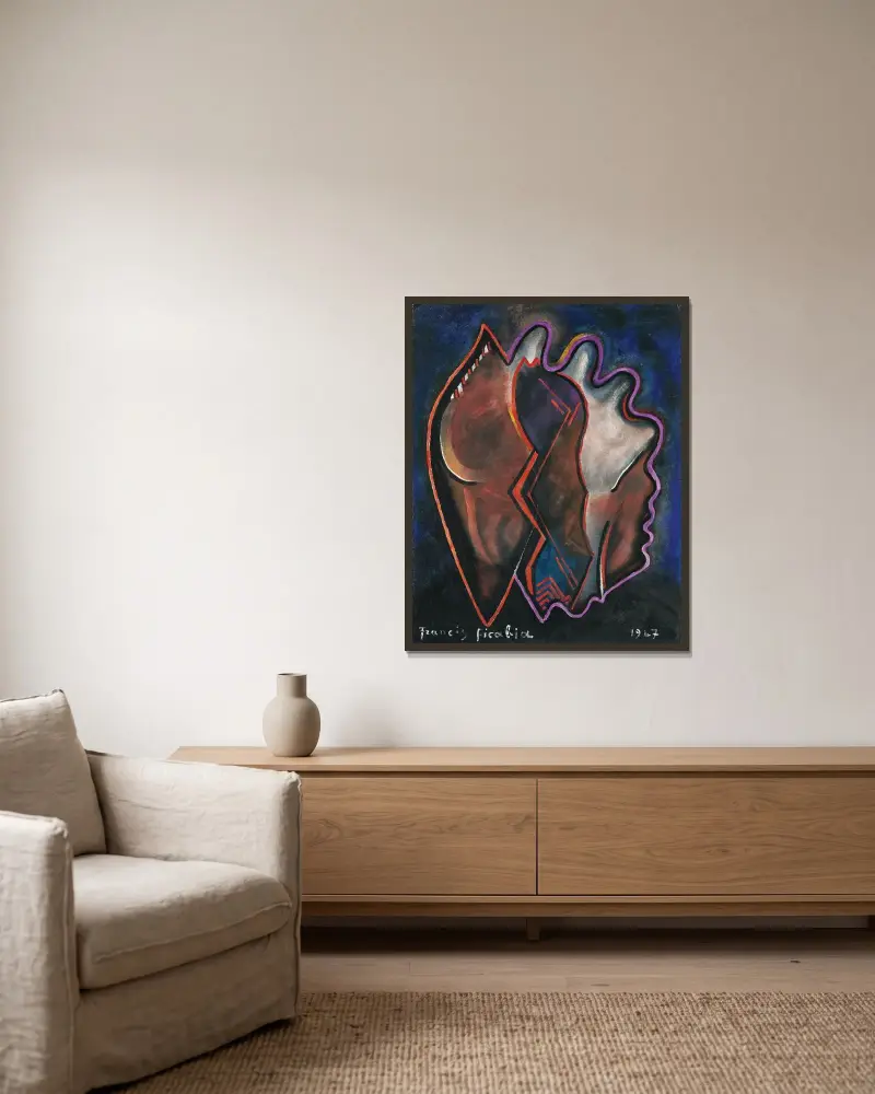 Abstrakt komposition av Francis Picabia inramad på en vägg
