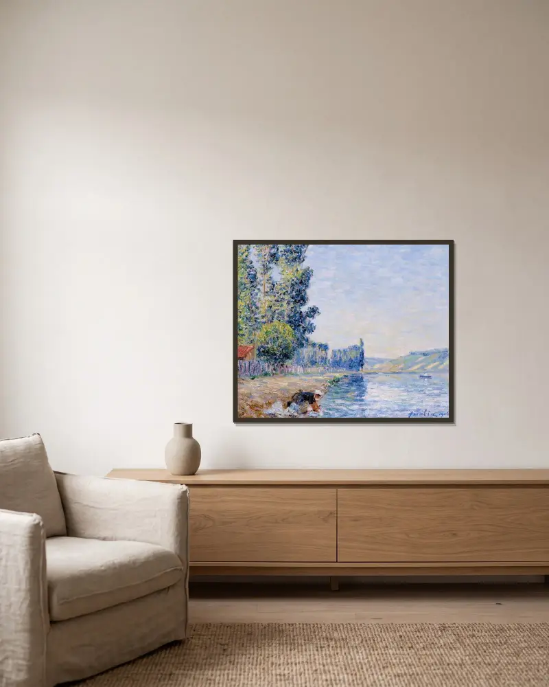 Tvätterska vid Yonnes strand, morgon av Francis Picabia inramad på en vägg