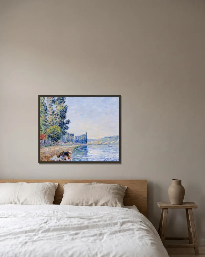 Tvätterska vid Yonnes strand, morgon av Francis Picabia inramad på en vägg