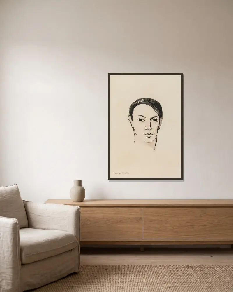 Porträtt av Pablo Picasso av Francis Picabia inramad på en vägg