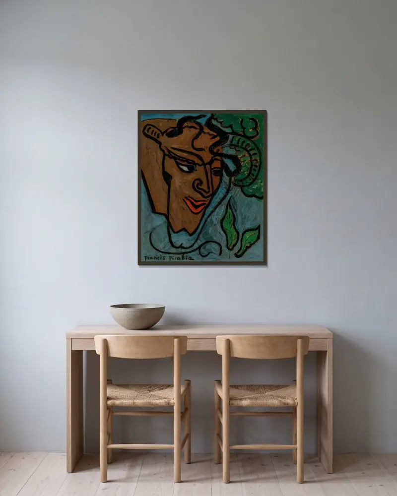 Faunhuvud av Francis Picabia inramad på en vägg