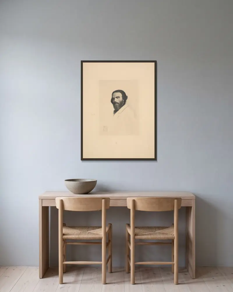 Portret C.K. Norwida av Franciszek Siedlecki inramad på en vägg