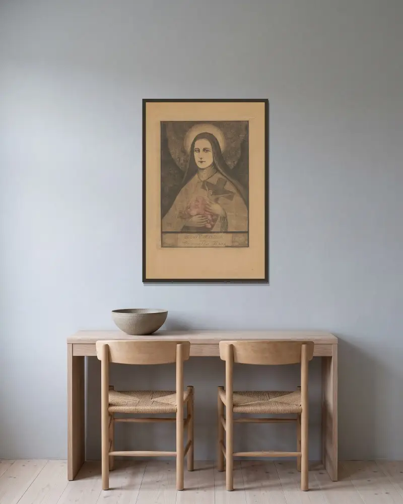 Den heliga Teresa av Jesusbarnet av Franciszek Siedlecki inramad på en vägg