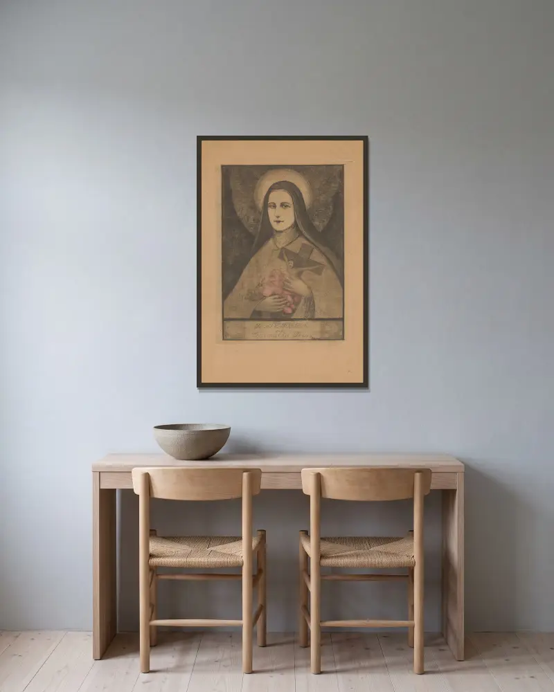 Heliga Thérèse av Jesusbarnet av Franciszek Siedlecki inramad på en vägg